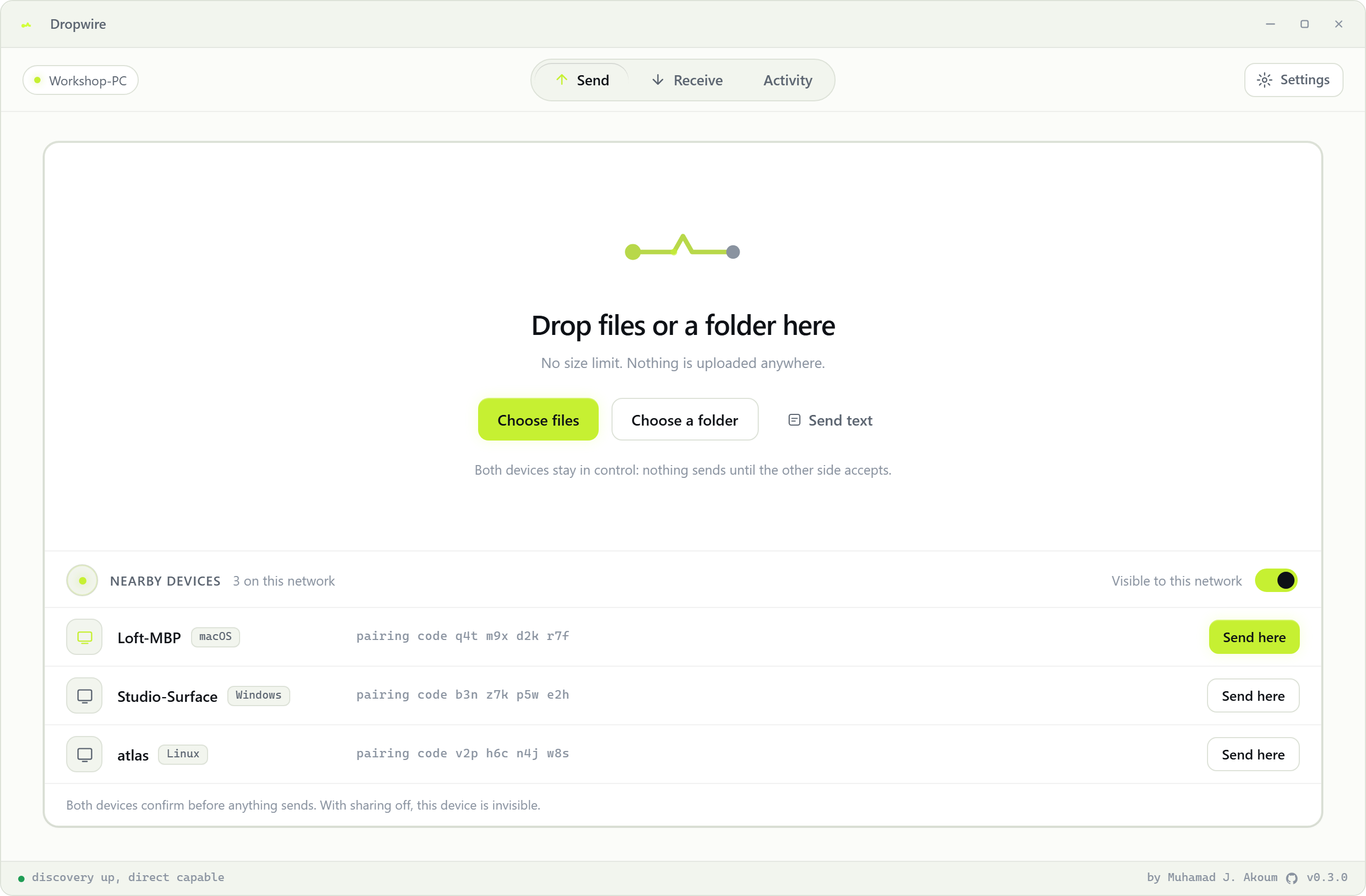 Dropwire in its light theme, showing the drop area and the nearby devices list