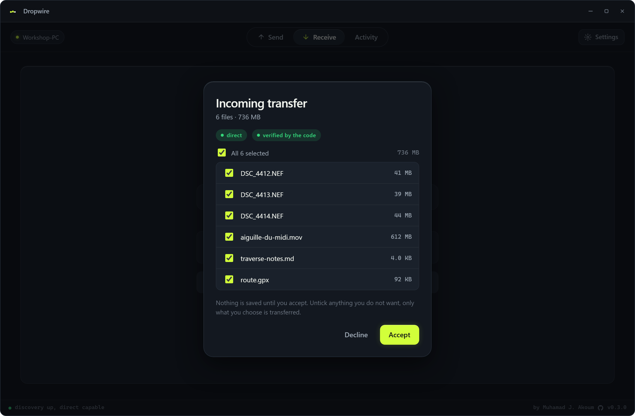 Dropwire peer-to-peer transfer preview: six file names and sizes with checkboxes, behind direct and verified-by-the-code badges, waiting for the recipient to accept