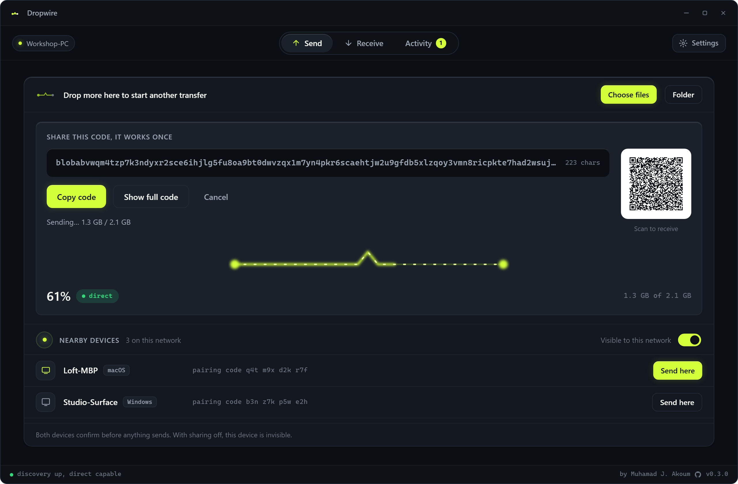 Dropwire file transfer app sending a folder: a one-time transfer code with its QR, a progress wire at 61 percent on a direct route, and nearby devices listed below