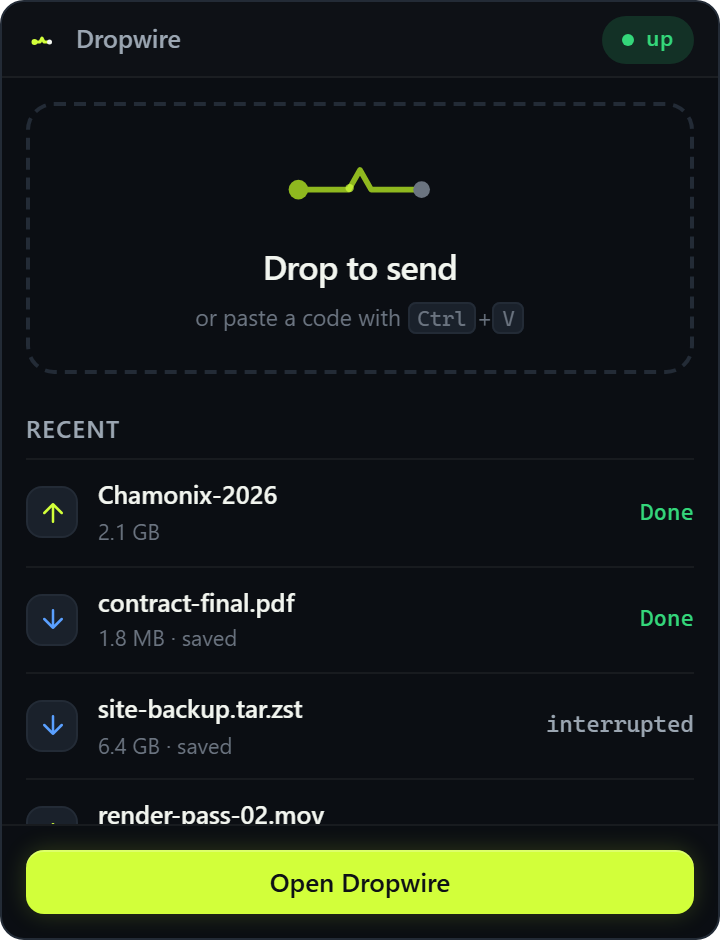 The Dropwire tray panel: a drop area, a list of recent transfers, and an Open Dropwire button