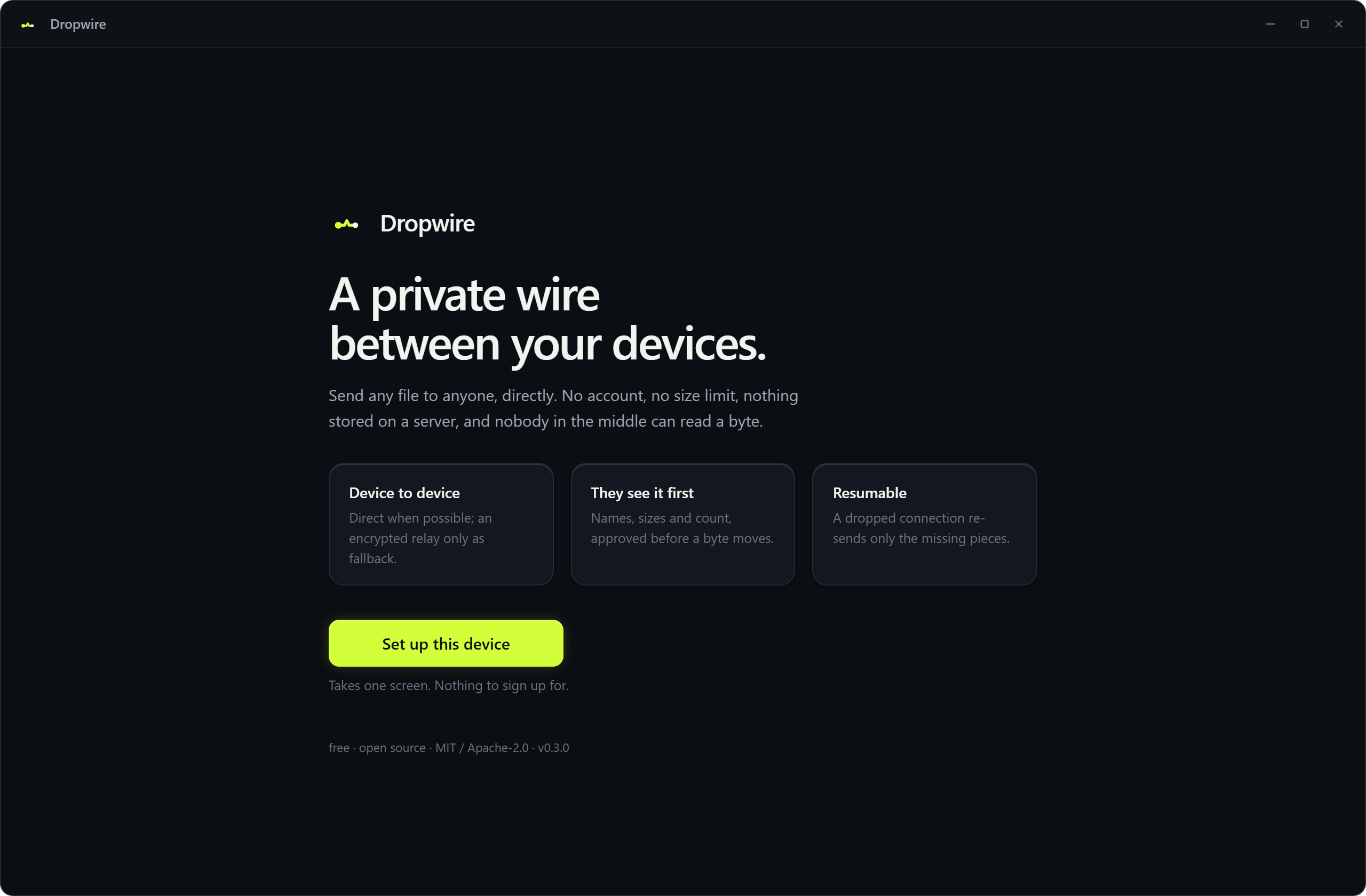 Dropwire first-run screen explaining what it does, with a single Set up this device button