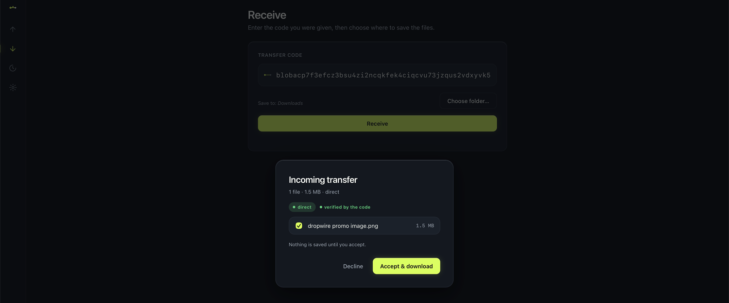 Dropwire peer-to-peer transfer preview: recipient verifies file name and size before accepting an encrypted transfer