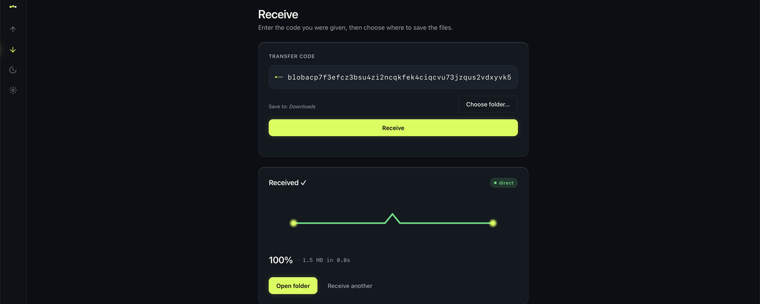 Dropwire transfer complete at 100% with a 'direct' connection badge, end-to-end encrypted