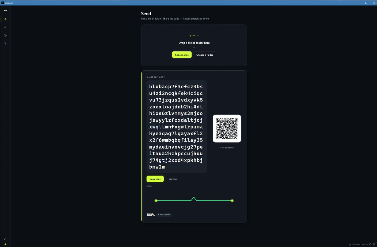 Dropwire file transfer app: sender screen with a one-time transfer code and QR code ready to share