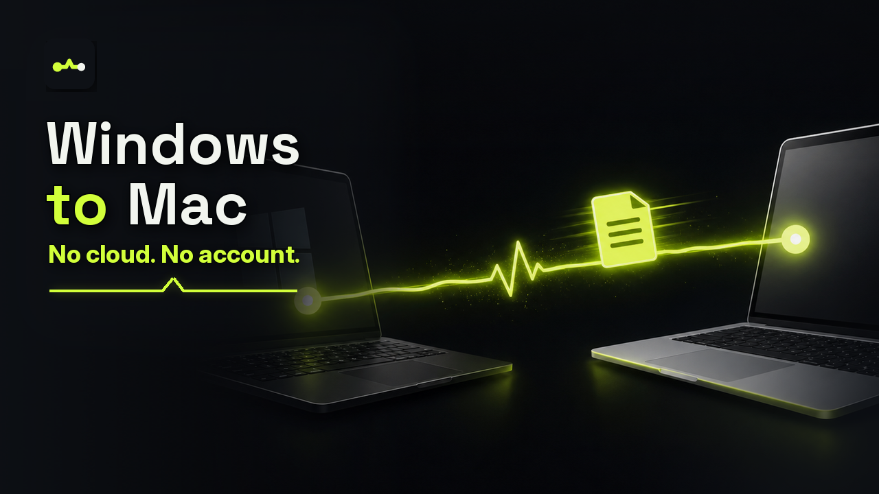 Dropwire demo video: a file travelling directly from a Windows laptop to a Mac over a glowing wire, with no cloud and no account