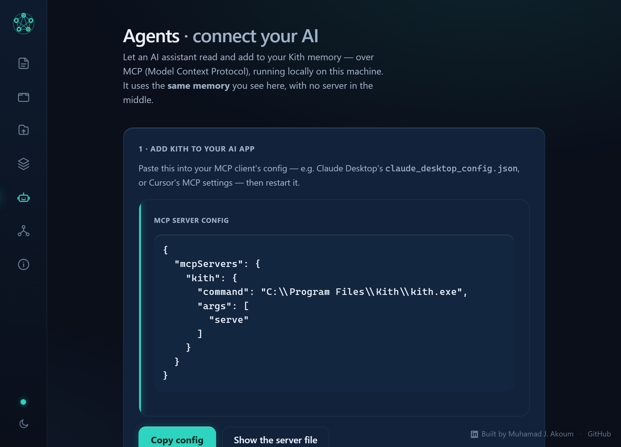 Agents view showing the MCP server config to paste into Claude Desktop or Cursor, with Copy config and Show the server file buttons.
