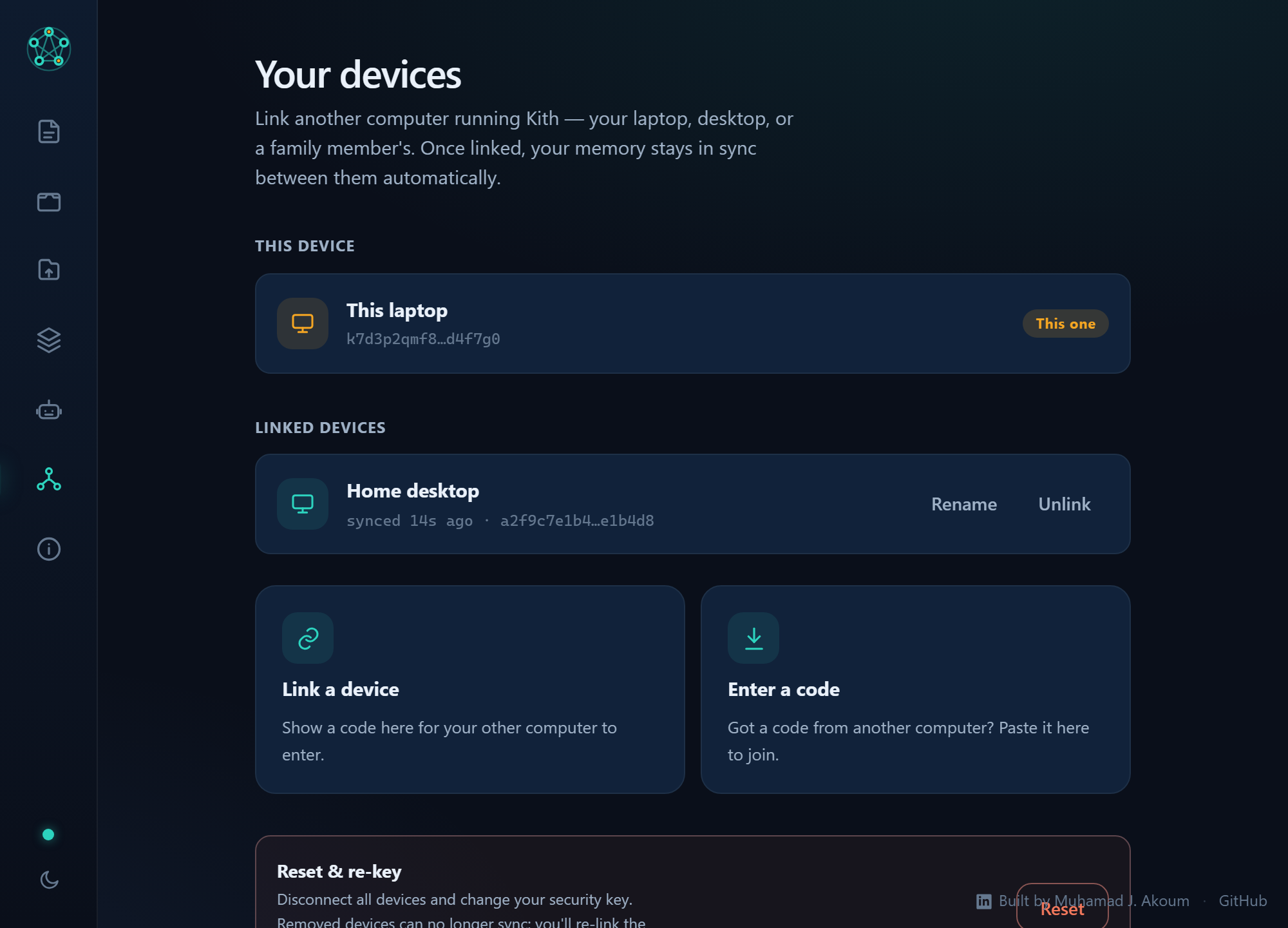Kith Devices view listing this device and a linked Home desktop showing synced 14 seconds ago, with Rename and Unlink controls.