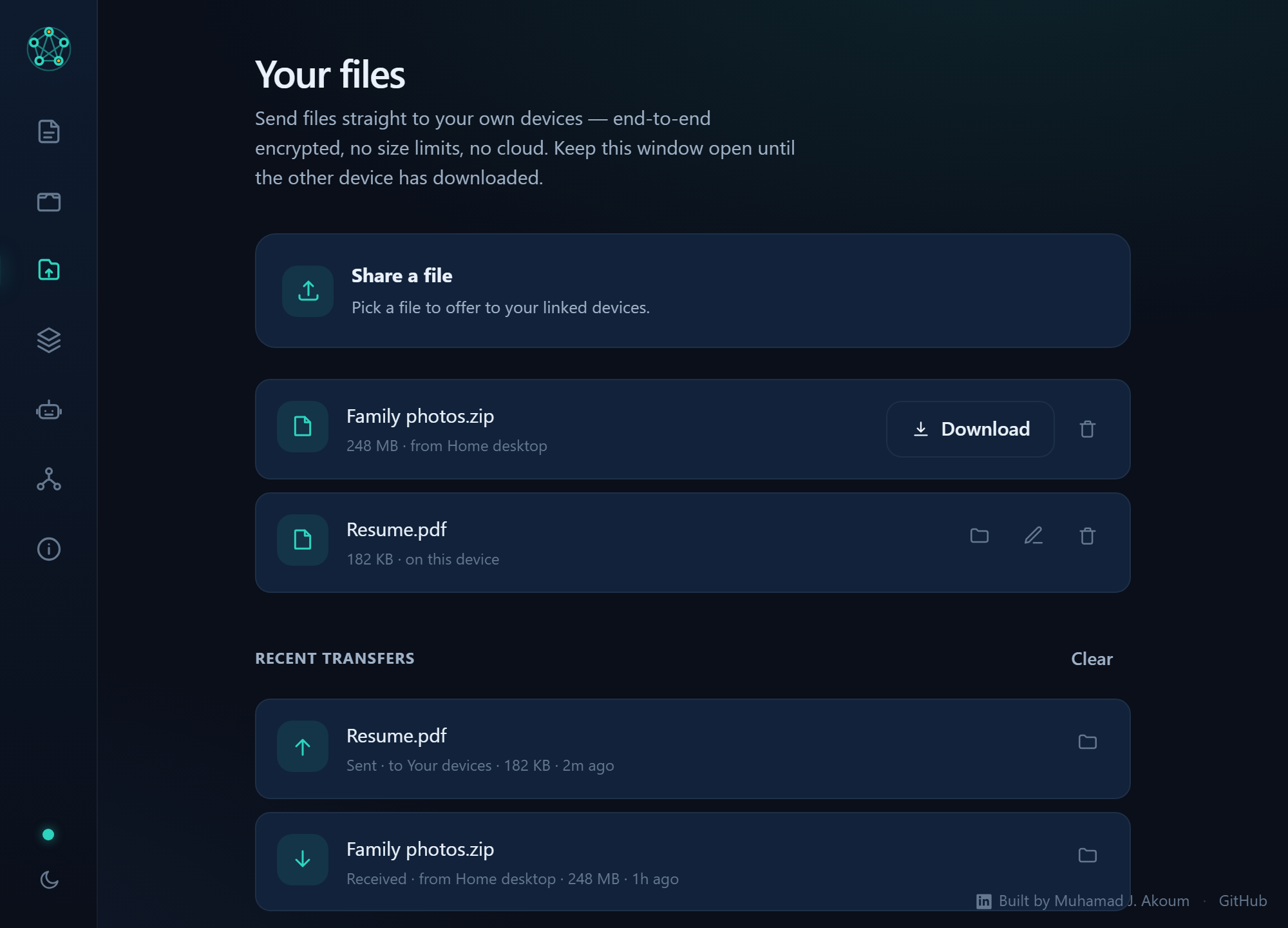 Files view: share a file, a list of offered files with a Download button and progress, plus a recent transfers history.