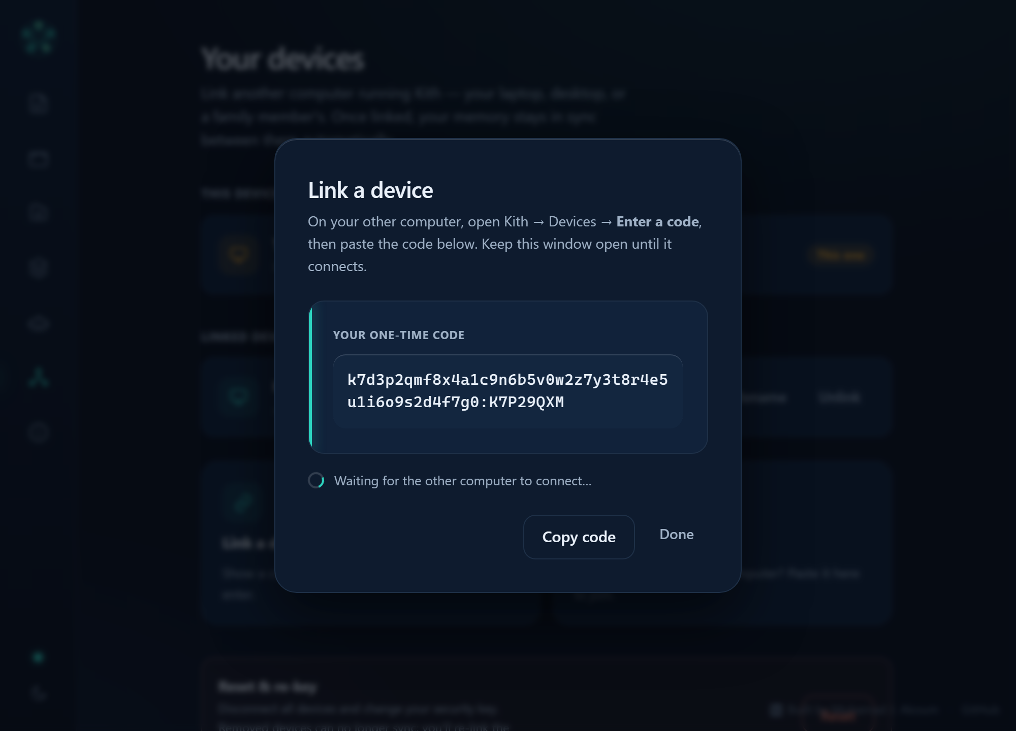 Kith Link a device dialog showing a one-time code and a message: waiting for the other computer to connect.