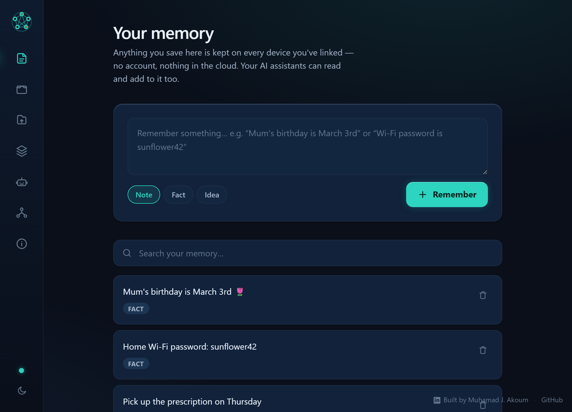 The Kith desktop app showing the Memory view: a composer for notes, facts and ideas, and a searchable list of saved items that sync across every linked device.