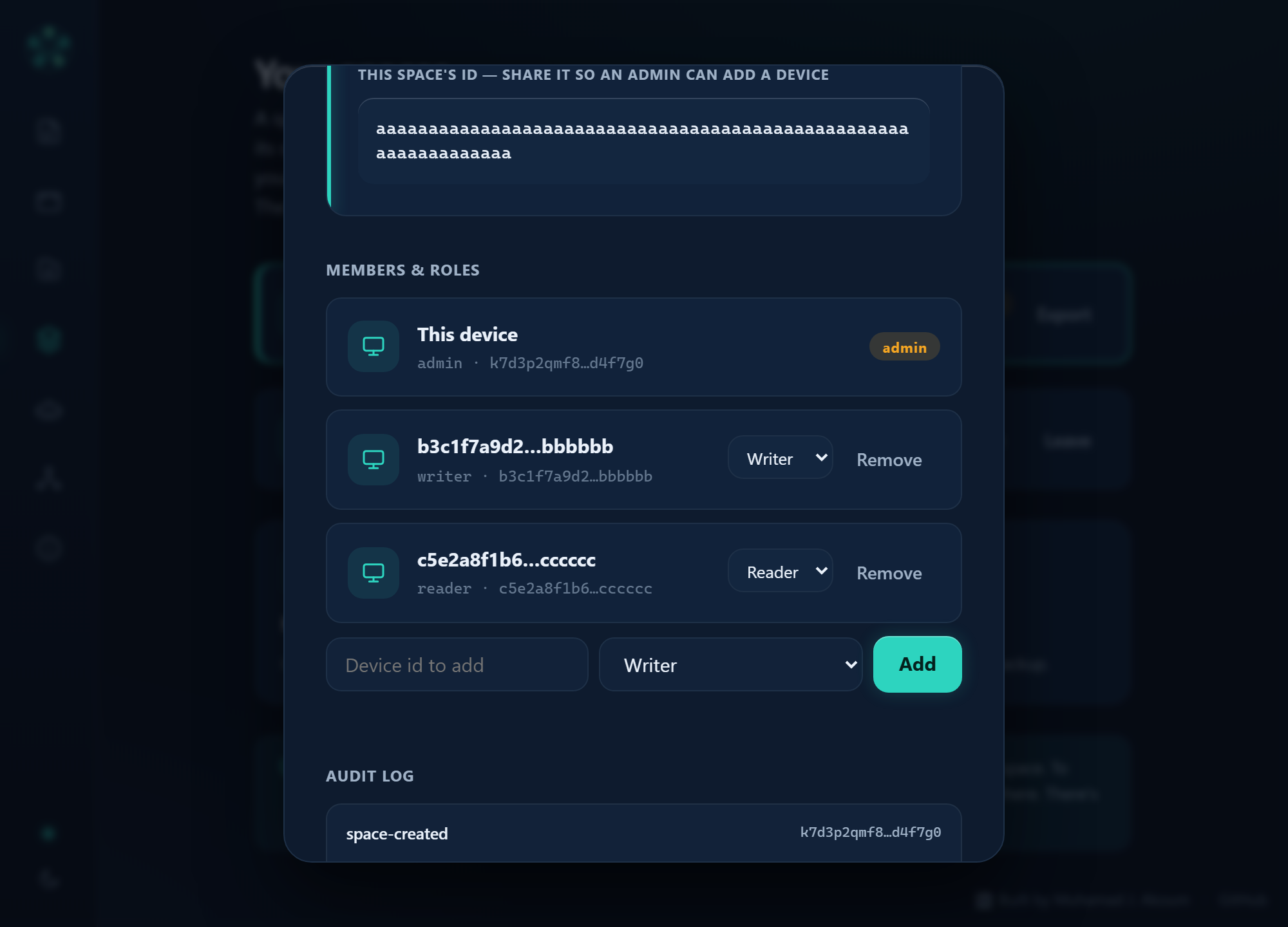 Kith team-space manager: members with Admin, Writer and Reader roles, role dropdowns and Remove buttons, an add-by-device-id row, and a tamper-evident audit log.