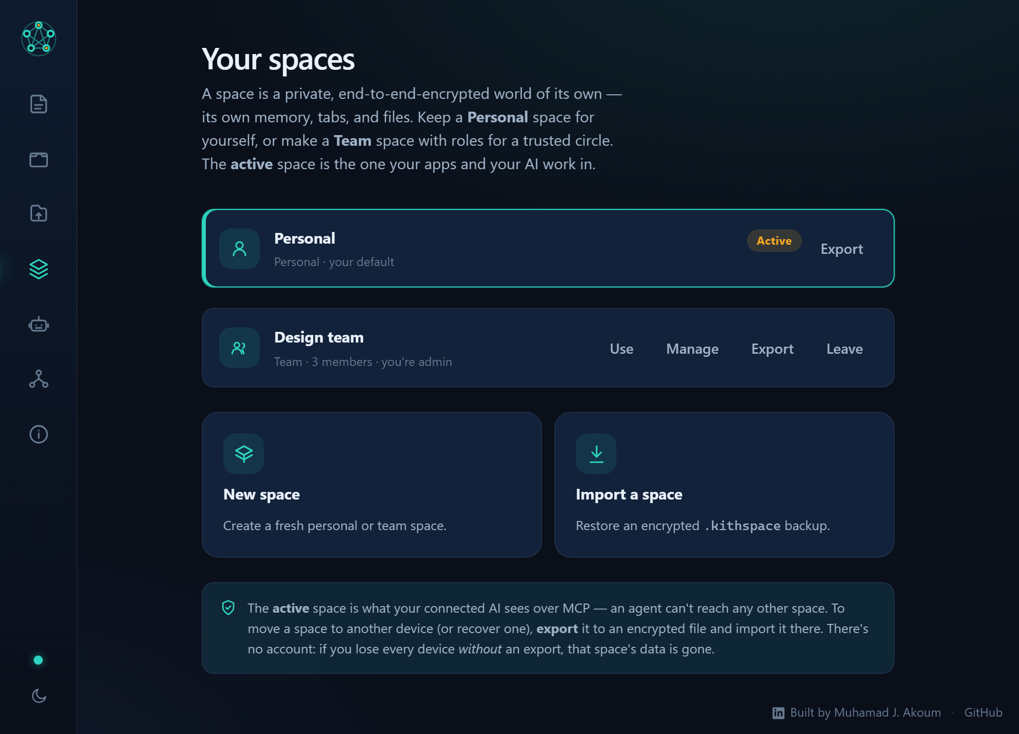 Kith Spaces view: a Personal space marked Active, a Design team space showing 3 members and your admin role with Use / Manage / Export / Leave controls, plus New space and Import a space cards.