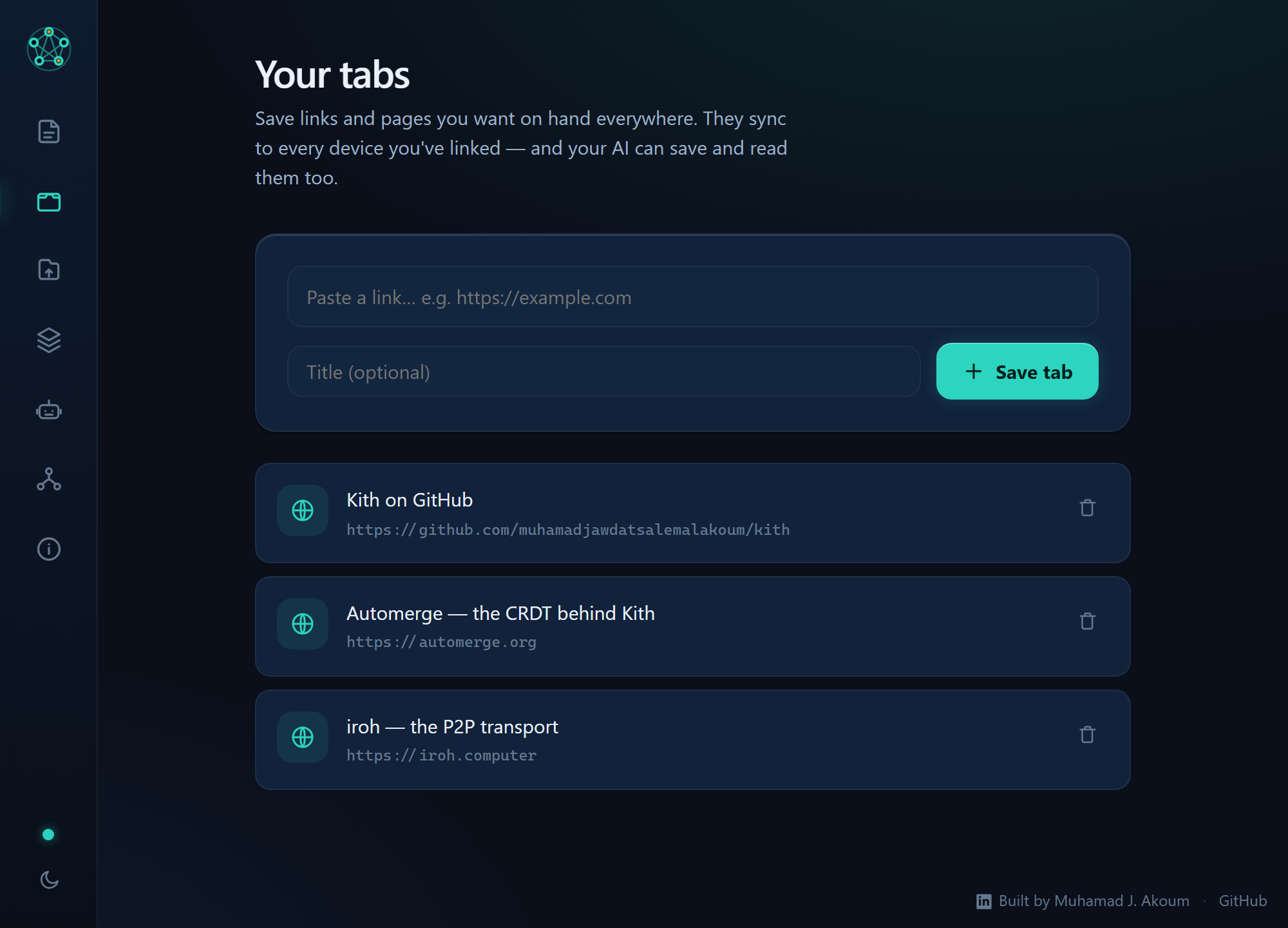 Tabs view with a field to paste a link and a synced list of saved pages.