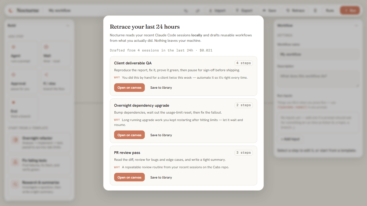 Retrace drafting workflows from your recent sessions