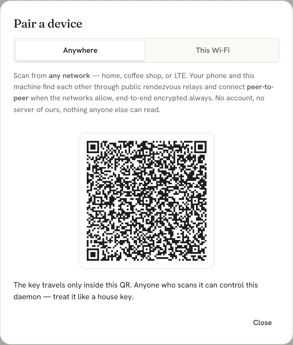 The Pair device modal — the Anywhere tab with its QR invitation