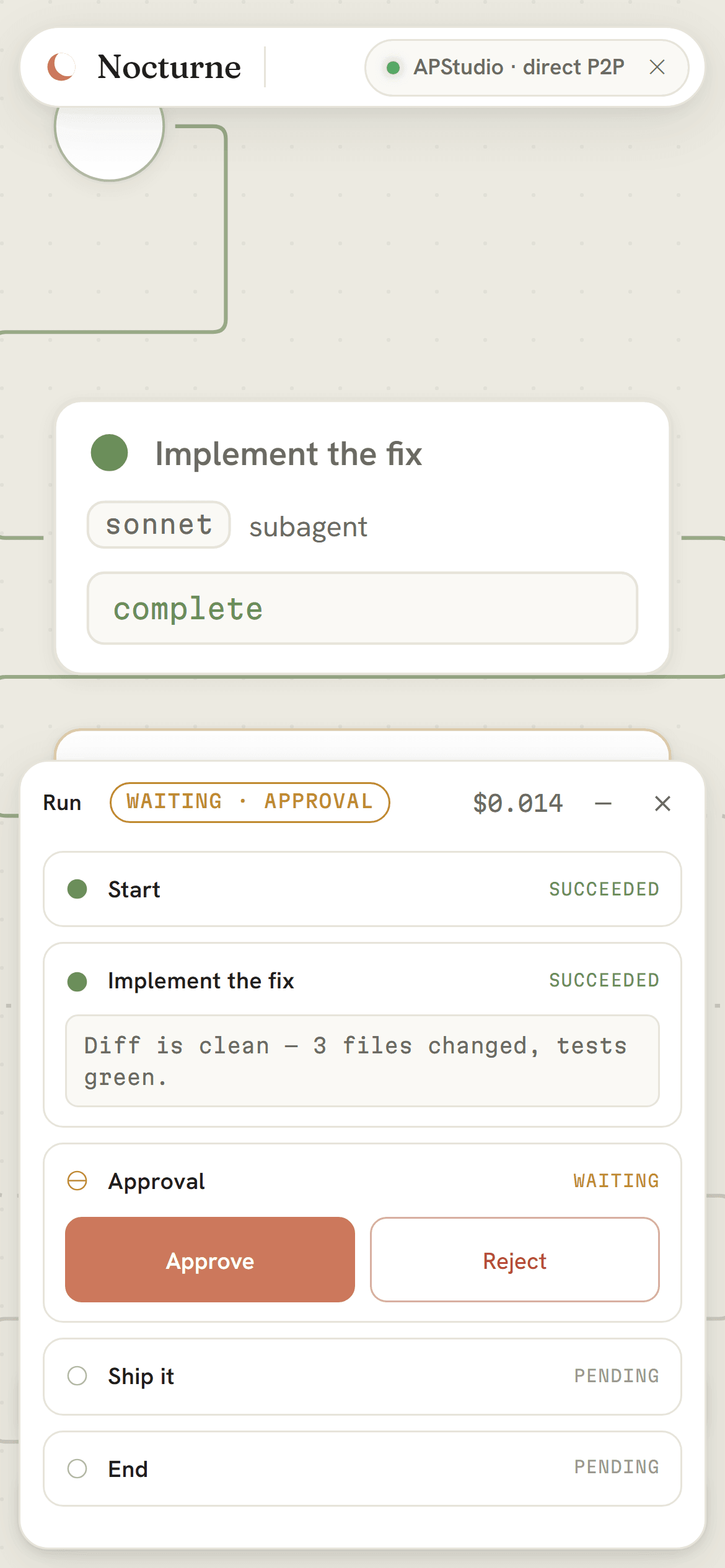 The same run monitored from the phone — connected peer-to-peer, approve from anywhere