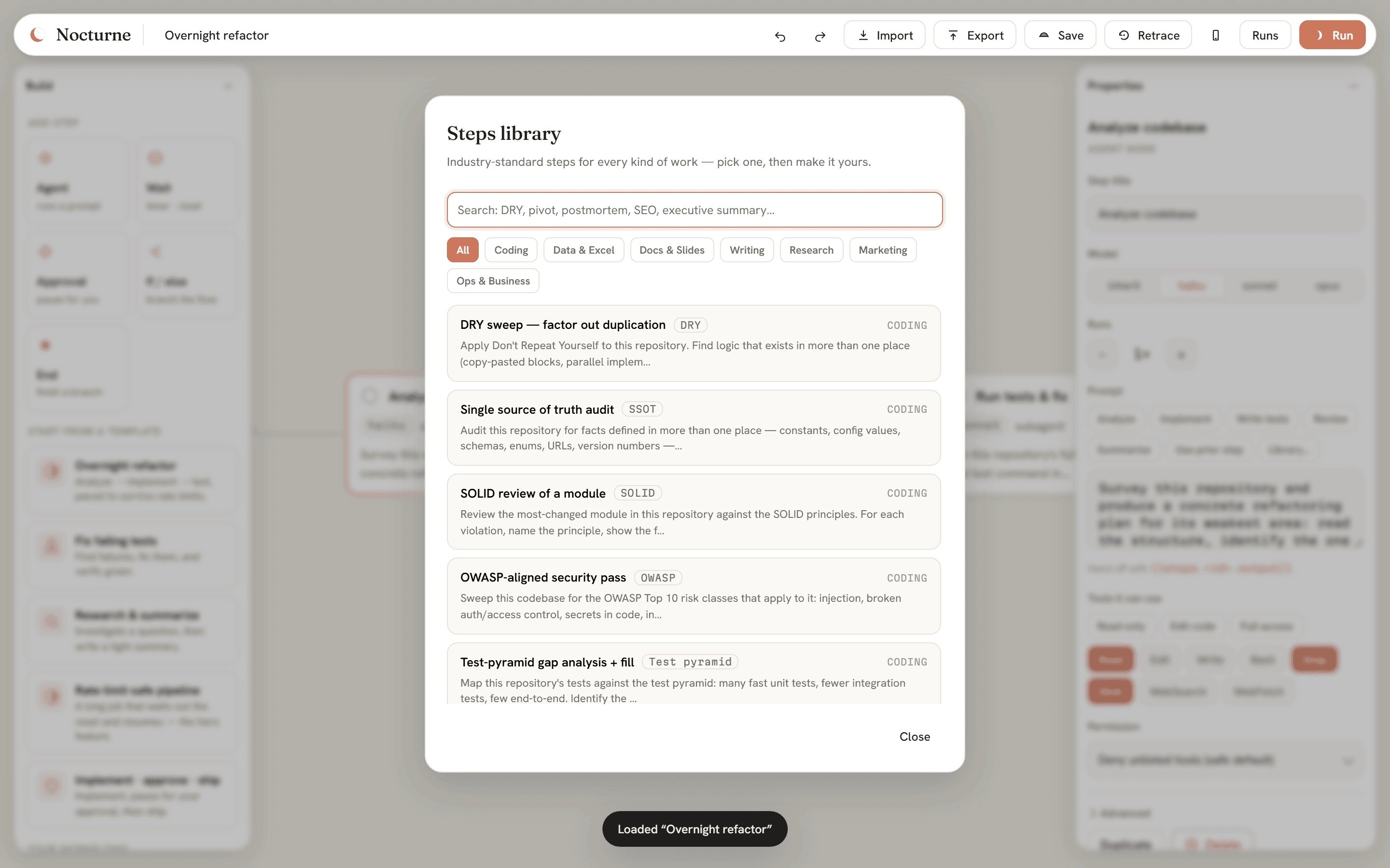 The searchable steps library, filtered by category