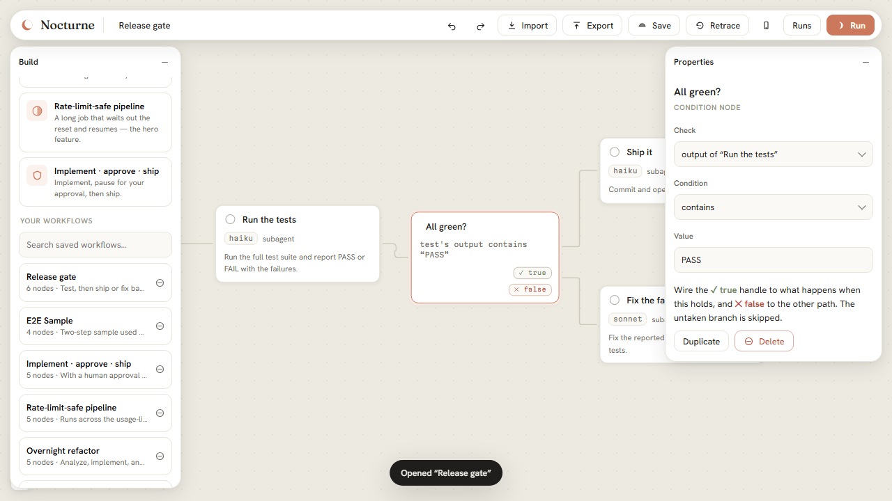 An if/else release gate opened from the saved-workflows library: run tests, then ship or fix based on the verdict