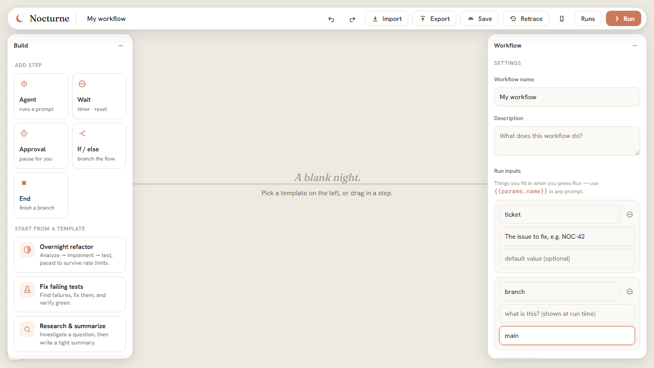 The run-inputs editor — a name, hint, and default for each value a run will ask for
